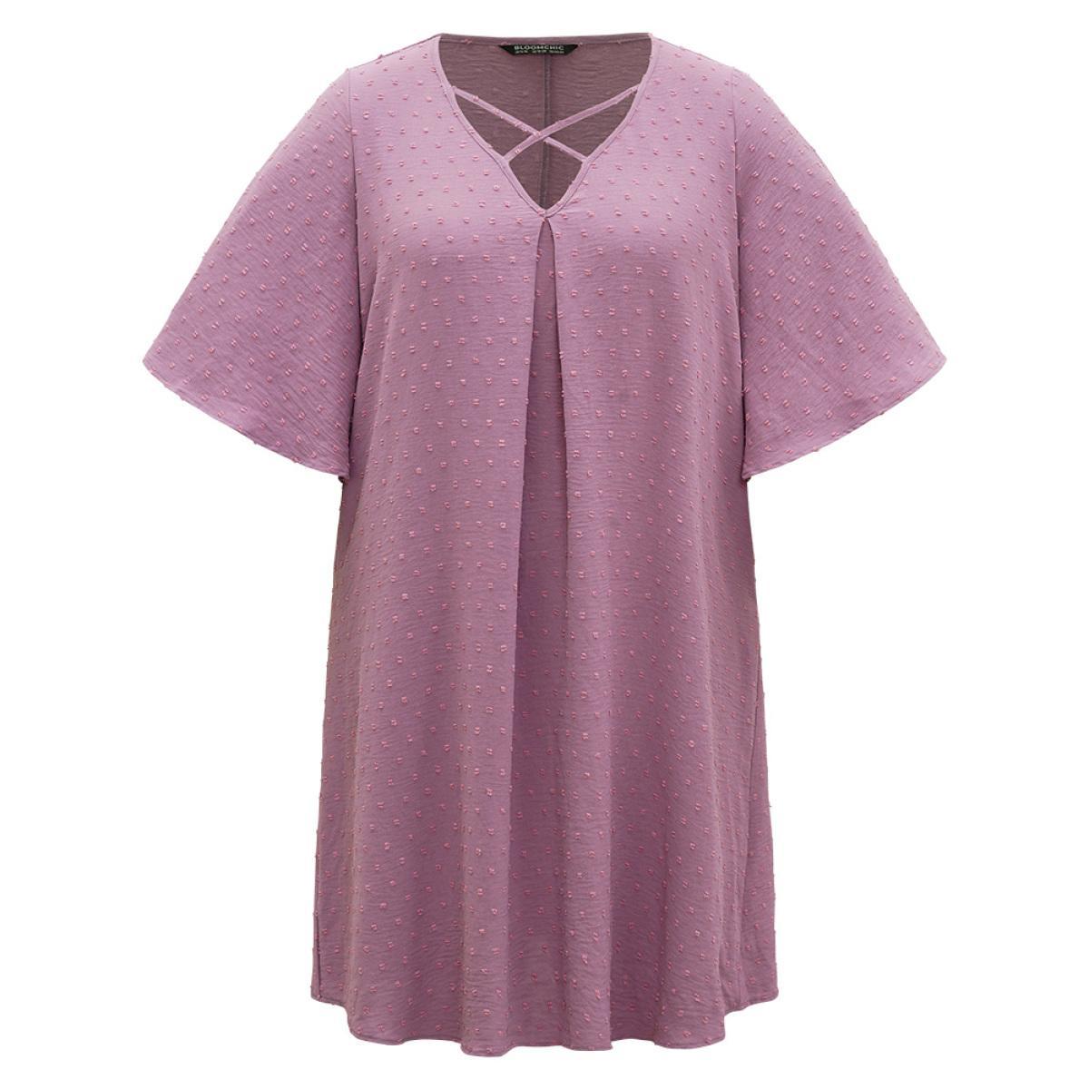 Plus Size Plain Textured Plicated Detail Crisscross Ruffle Sleeve Dress Lilac Women Casual Texture V-neck Half Sleeve Curvy Midi Dress BloomChic 18-20/2X Product Image
