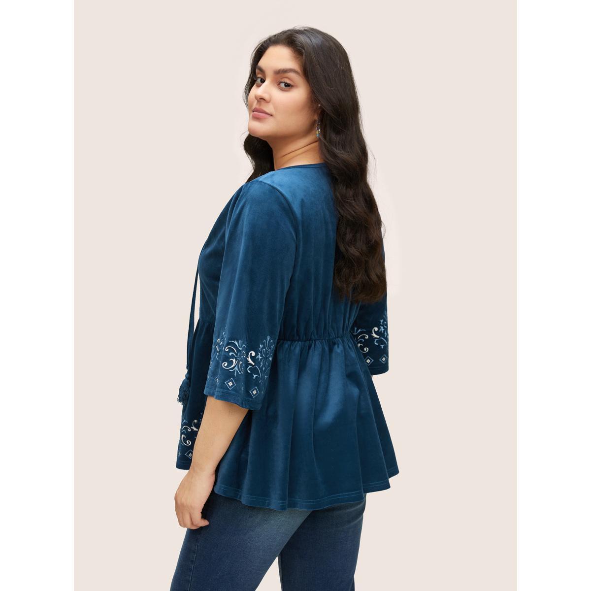 Plus Size Indigo Velvet Contrast Embroidered Tassels Ties Blouse Women Resort Elbow-length sleeve Tie Neck Vacation Blouses BloomChic 14-16/1X Product Image