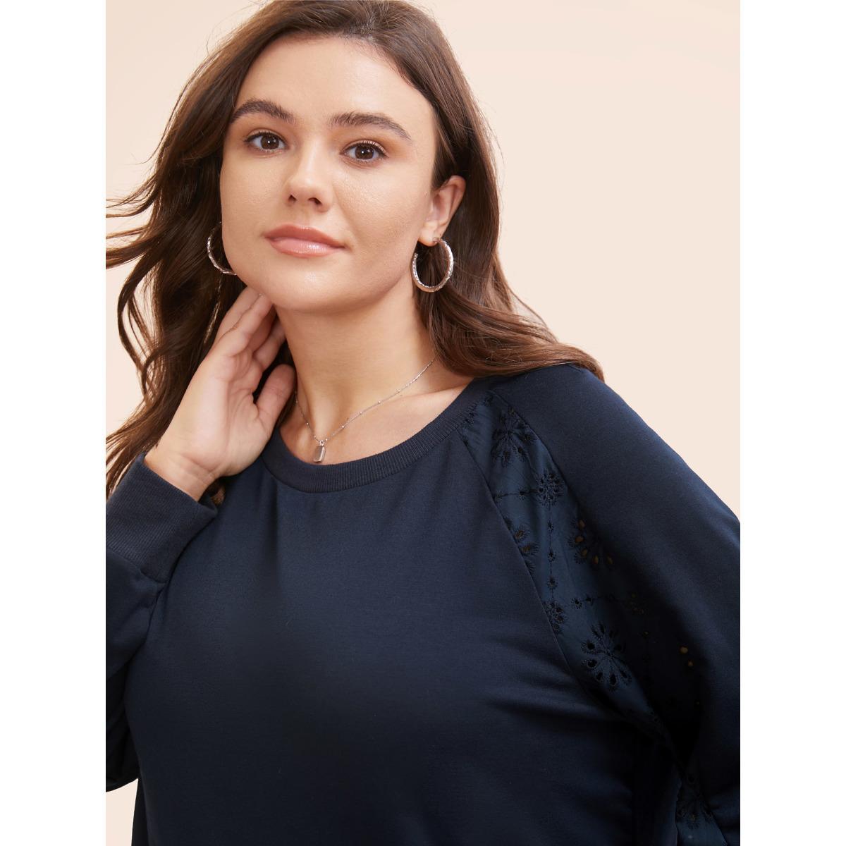 Plus Size Broderie Anglaise Patchwork Raglan Sleeve Sweatshirt Women Midnight Casual Patchwork Round Neck Everyday Sweatshirts BloomChic 26/4X Product Image