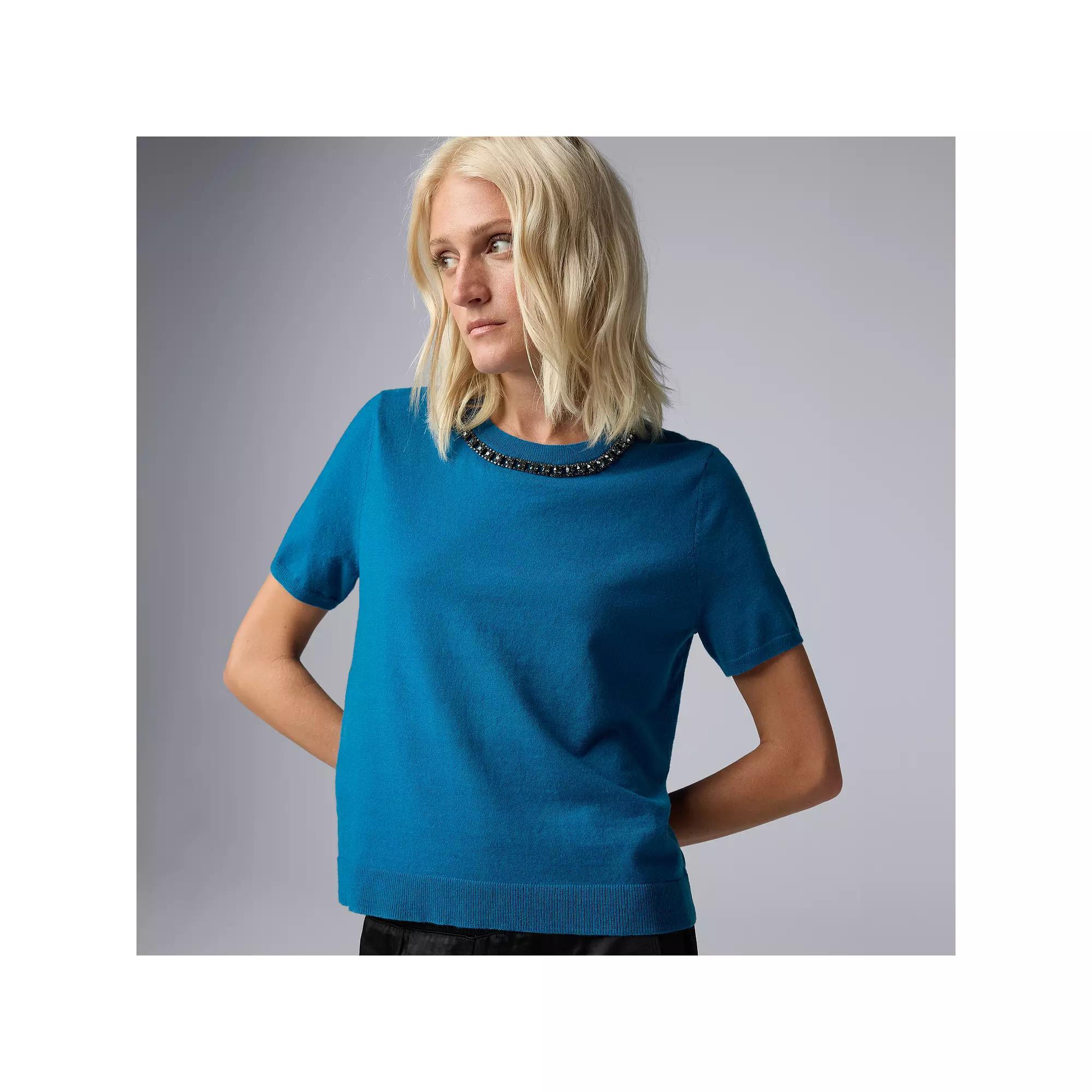 Petite Simply Vera Vera Wang Necklace Embellished Short Sleeve Sweater, Women's, Size: Small Petite, Jonathan Blue Product Image