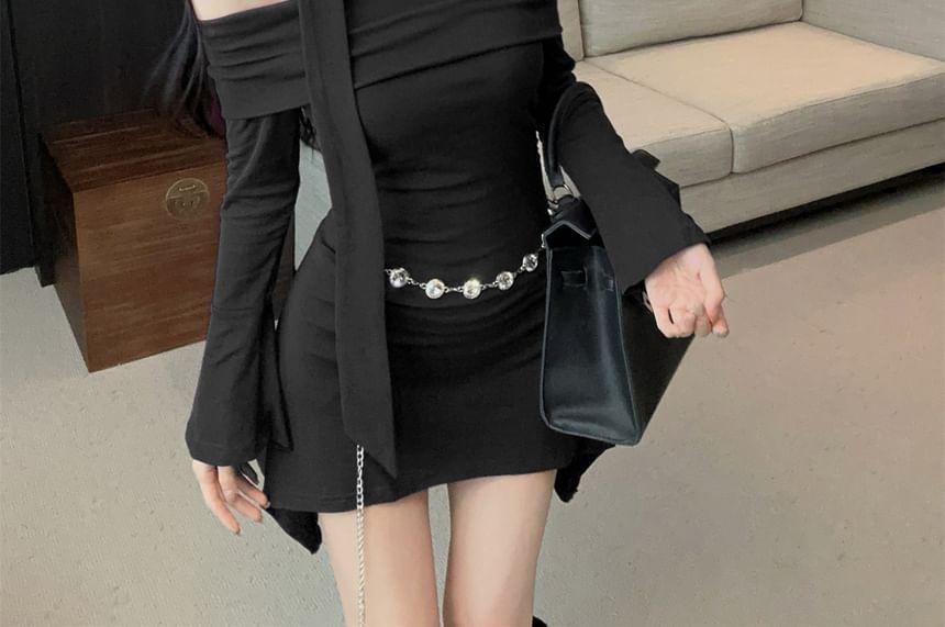 Long-Sleeve Off Shoulder Plain Mini Bodycon Dress Product Image