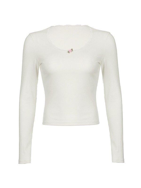 Lace Trim White Ribbed Knit Top Product Image