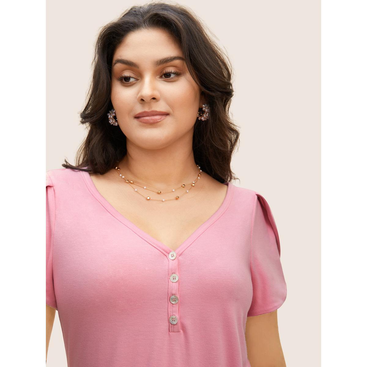 Plus Size Medium stretch Petal Sleeve Button Up T-shirt Watermelon Women Elegant Button V-neck Bodycon Everyday T-shirts BloomChic 18-20/2X Product Image