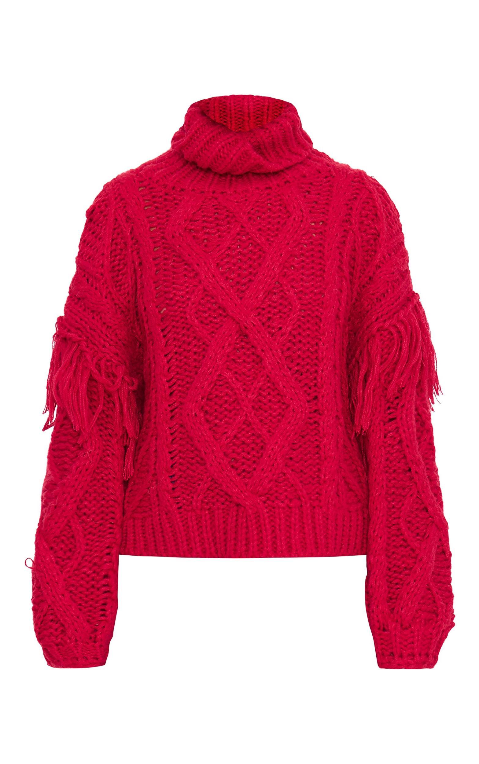Red Cable Knit Tassel Detail Roll Neck Sweater Product Image