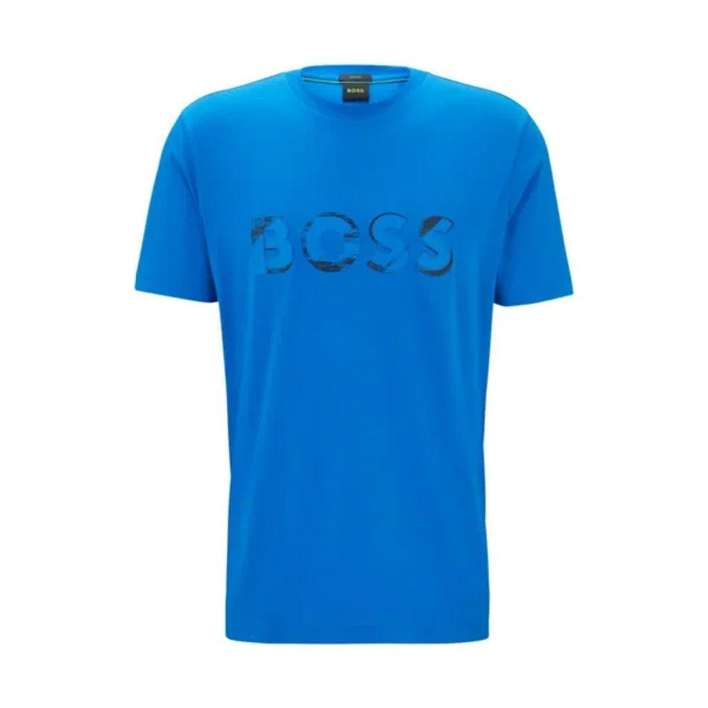 HUGO BOSS Stretch-cotton Short-sleeved T-shirt With Logo Artwork In Light Blue Product Image