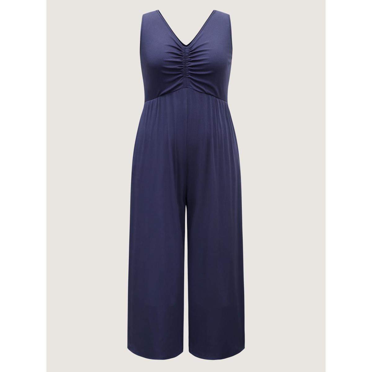 Plus Size DarkBlue Stretchy Ruched Pleated Wide-Leg Jumpsuit Women Sleeveless V-neck Everyday-Casual Loose Jumpsuits BloomChic 26/4X Product Image