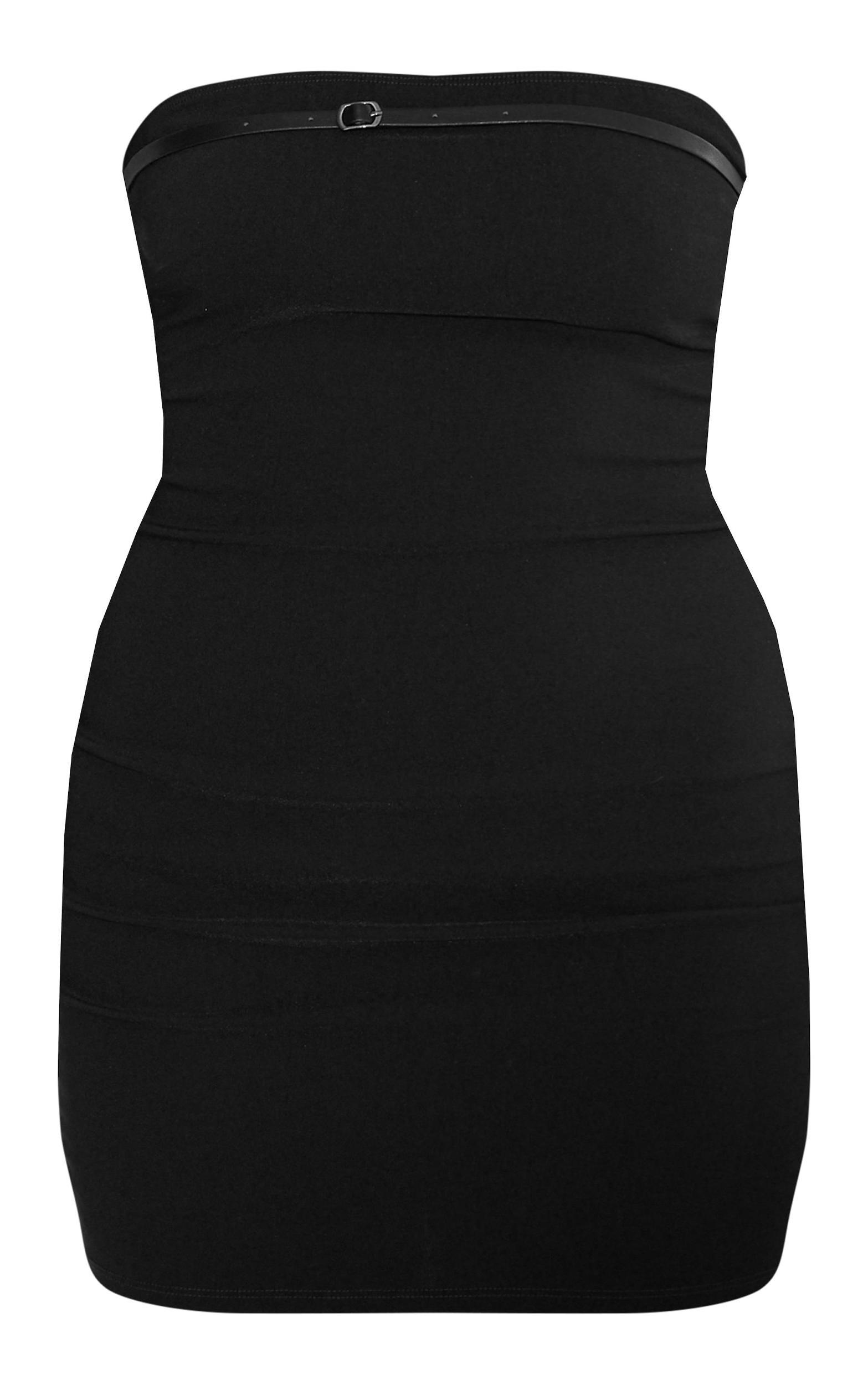 Black Stretch Woven Bandeau Belted Bodycon Dress Product Image