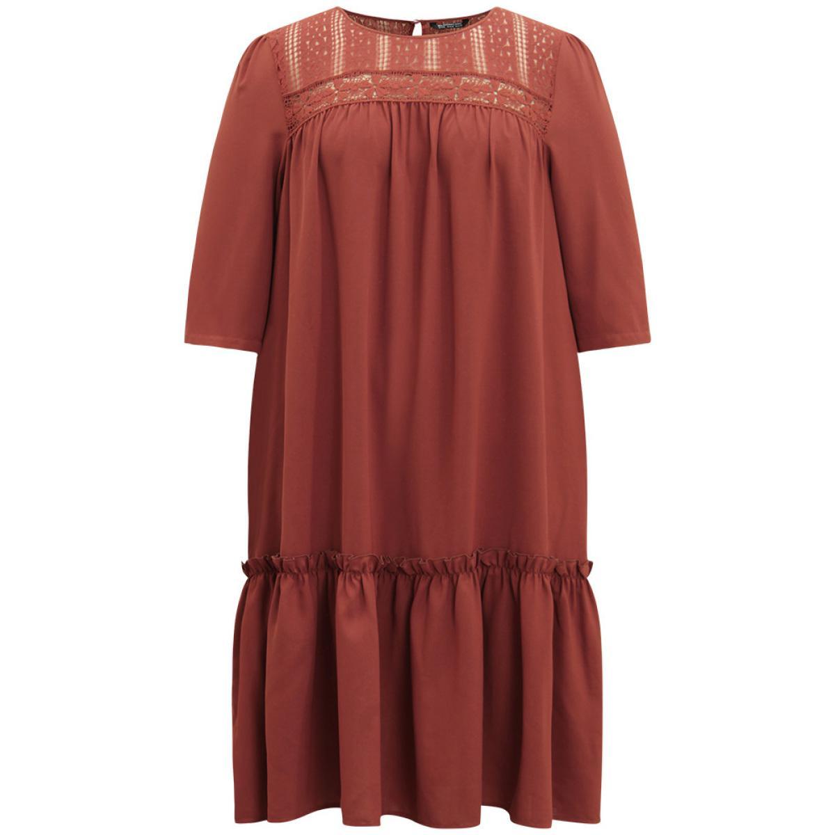Plus Size Guipure Lace Frill Trim Cut Out Ruffle Hem Dress Russet Women Casual Gathered Round Neck Elbow-length sleeve Curvy Midi Dress BloomChic 18-20/2X Product Image