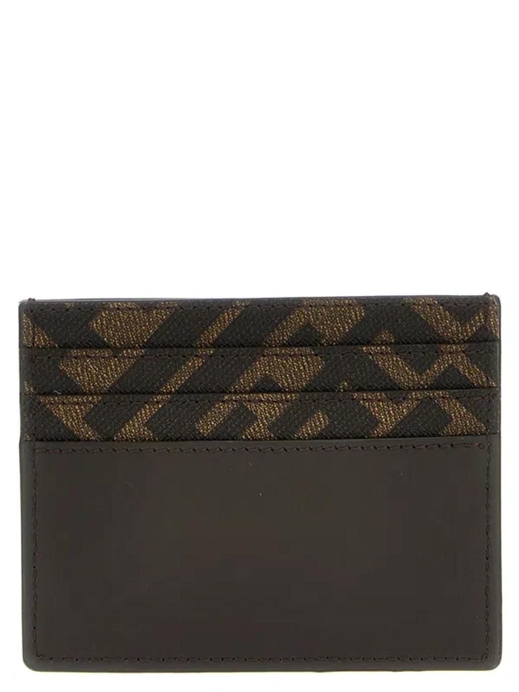 FENDI Brown Card-holder With Squared Ff Motif In Leather And Ff Canvas Man In Ebony Product Image