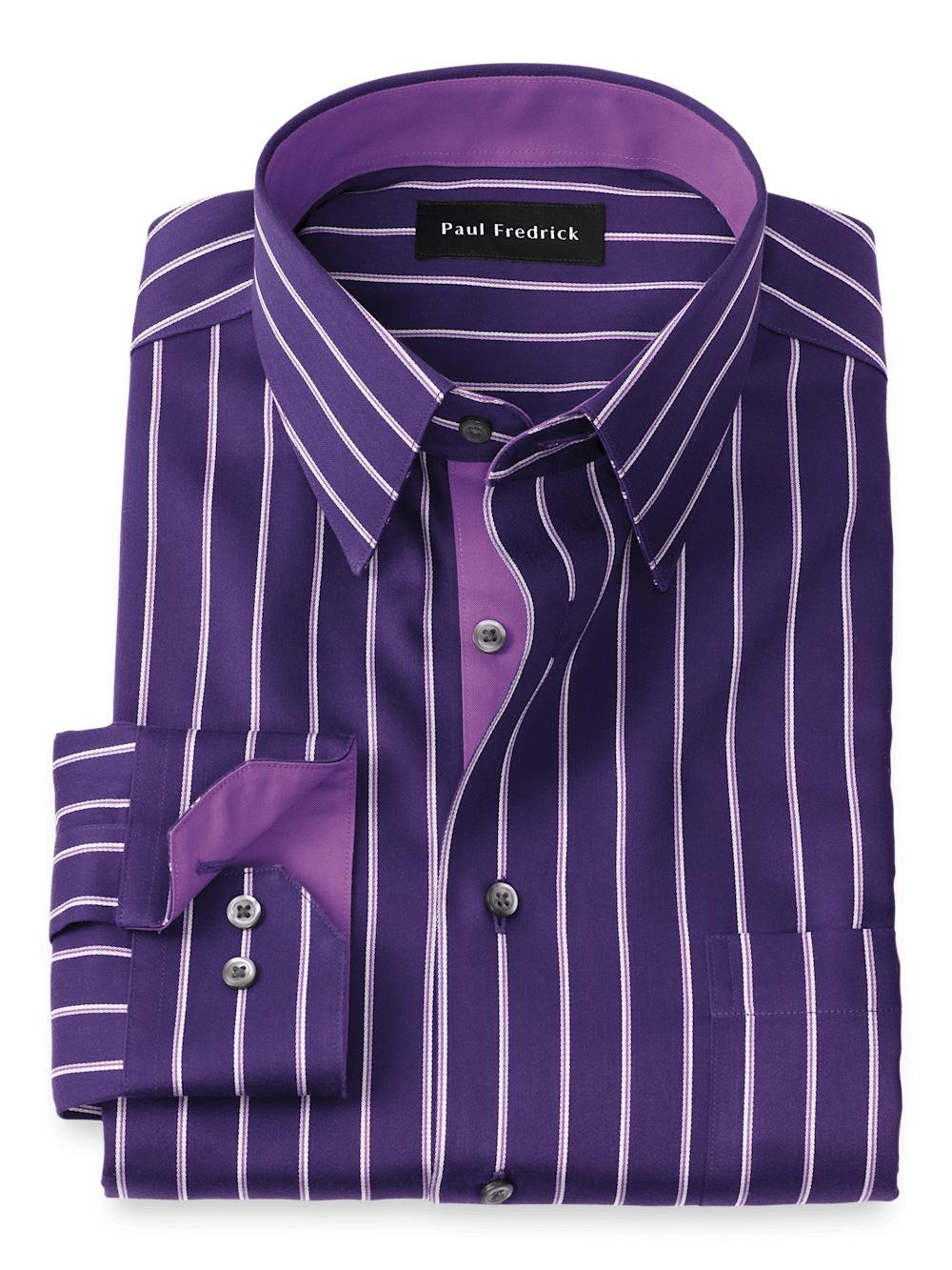 Non-Iron Cotton Stripe Dress Shirt With Contrast Trim - Purple Product Image
