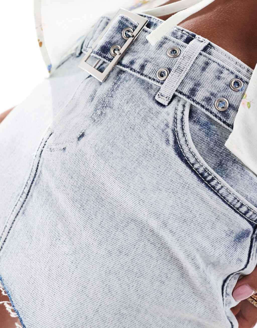 ONLY Petite mini belt denim skirt in light acid wash  Product Image