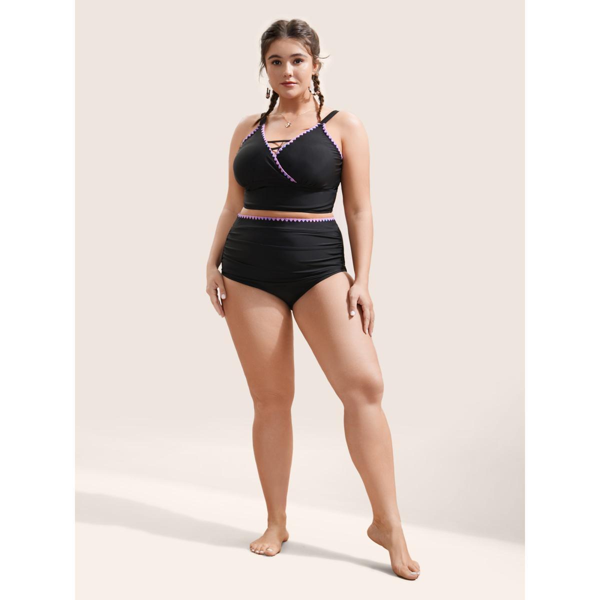 Plus Size Shell Stitch Ruched Skinny Swim Bottom Women's Swimwear Black Beach Embroidered High stretch Skinny High Rise Curve Swim Bottoms BloomChic 10/M Product Image