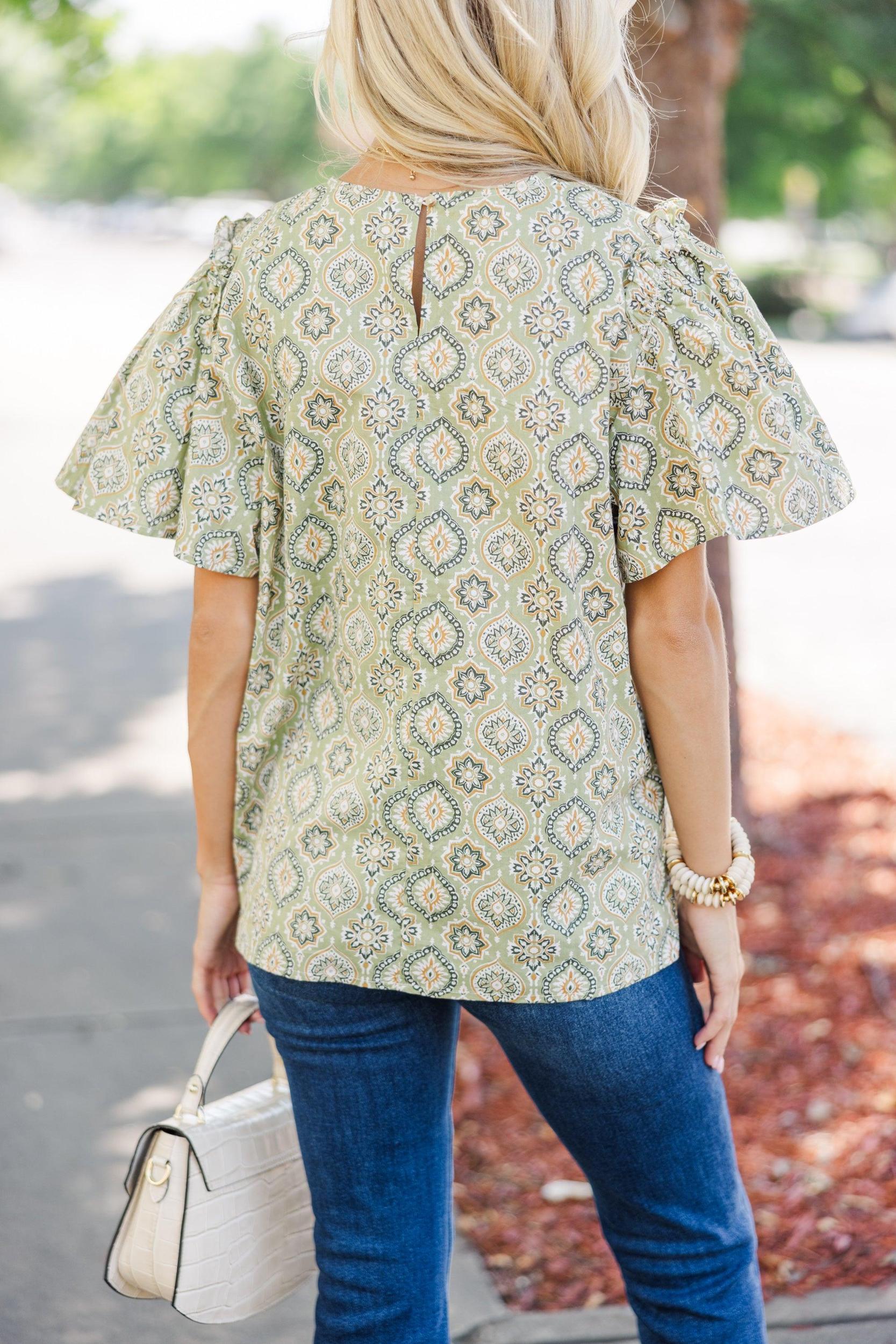 How I Feel Sage Green Medallion Blouse Female Product Image