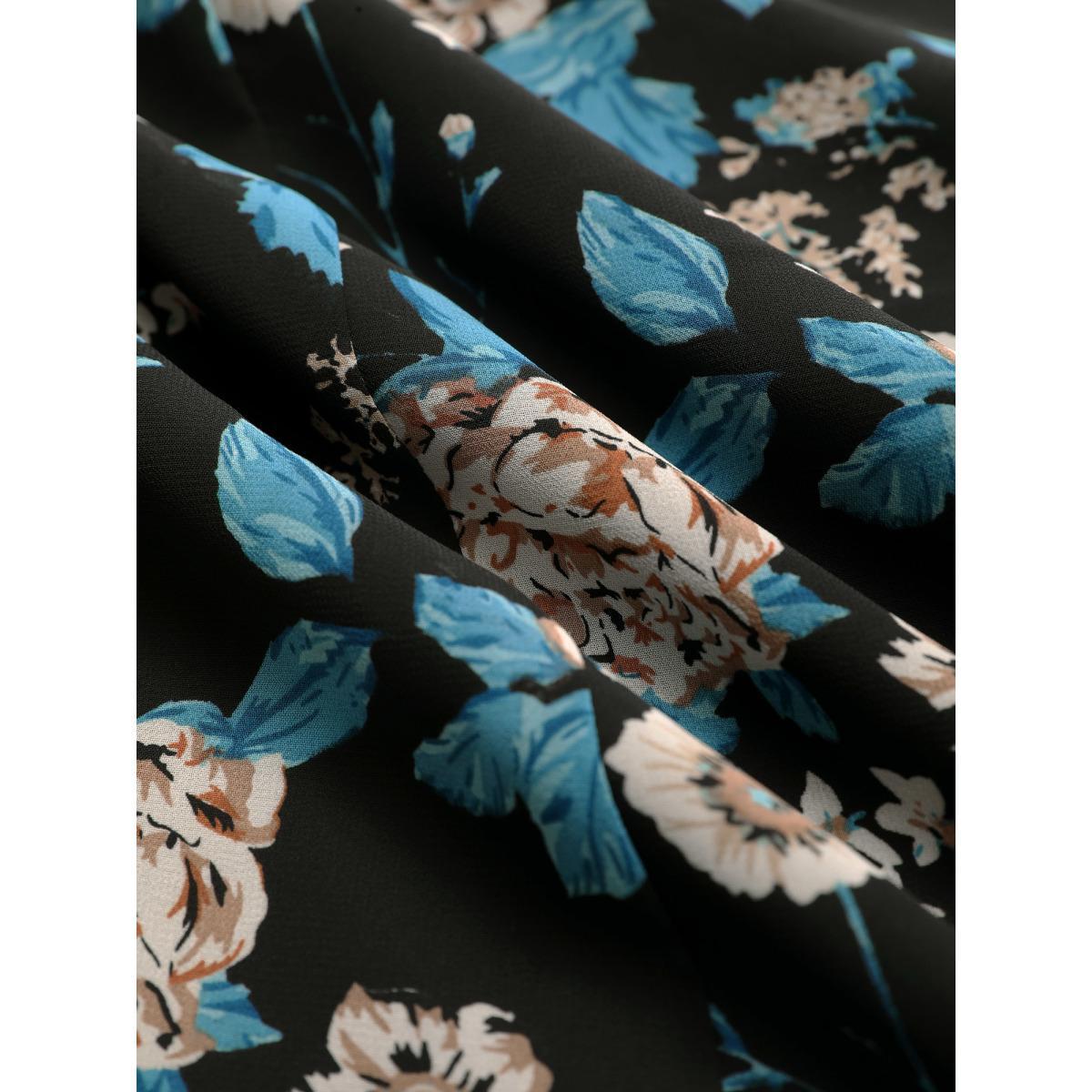 Plus Size BlackFlower Chiffon Floral Print Ties Flutter Trim Blouse Women Elegant Long Sleeve Tie Neck Work Blouses BloomChic 18-20/2X Product Image