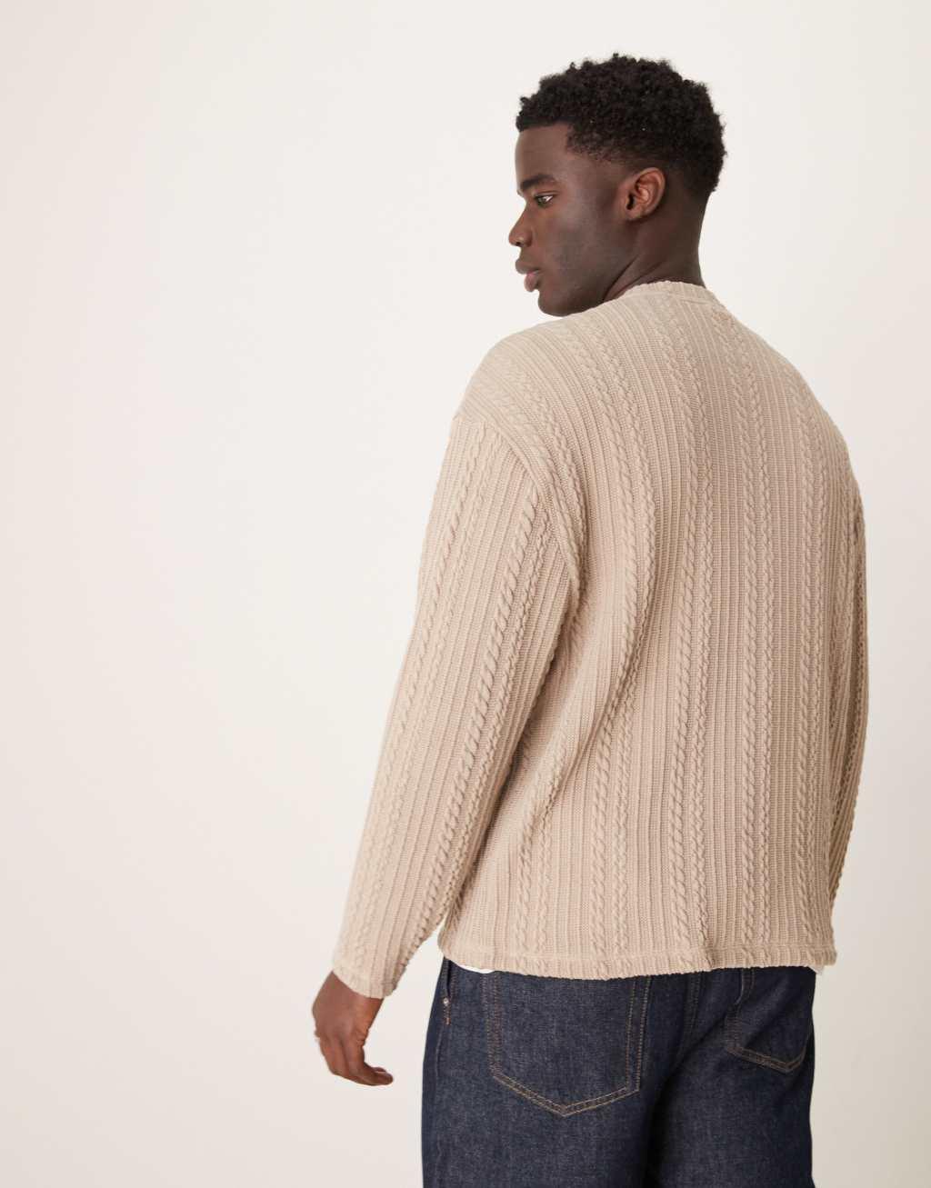 ASOS DESIGN relaxed boxy lightweight sweater with cable texture in biscuit Product Image