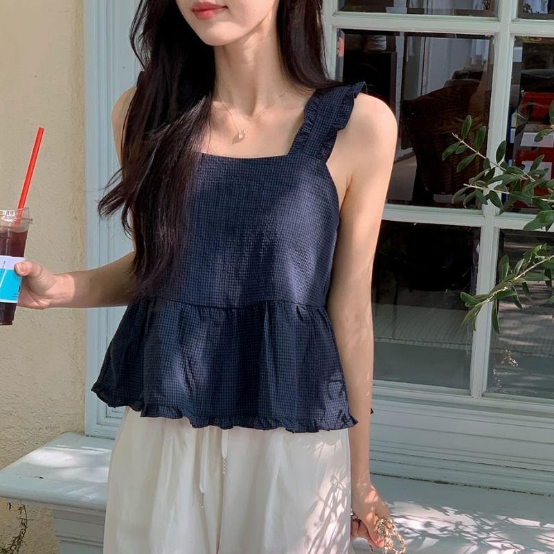 Ruffle Strap Tie Back Gingham Peplum Cami Top Product Image
