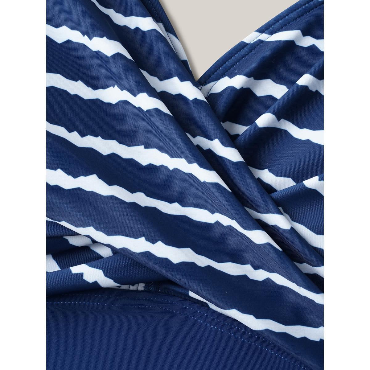 Plus Size Stripes Spliced Ruched Swim Tankini Women's Swimwear Indigo Beach Gathered High stretch Skinny Overlap Collar Curve Swim Tops BloomChic 18-20/2X Product Image