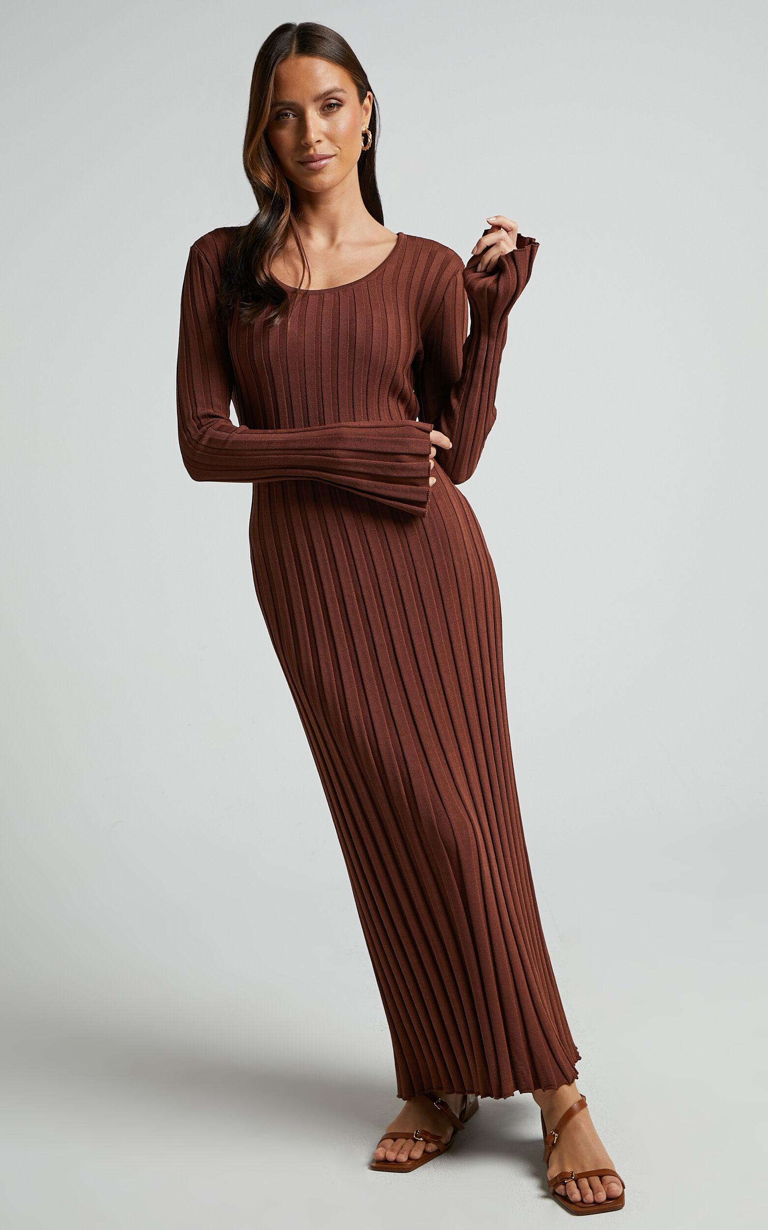 Blaire Midi Dress - Long Sleeve Tie Back Flare Dress in Chocolate Product Image
