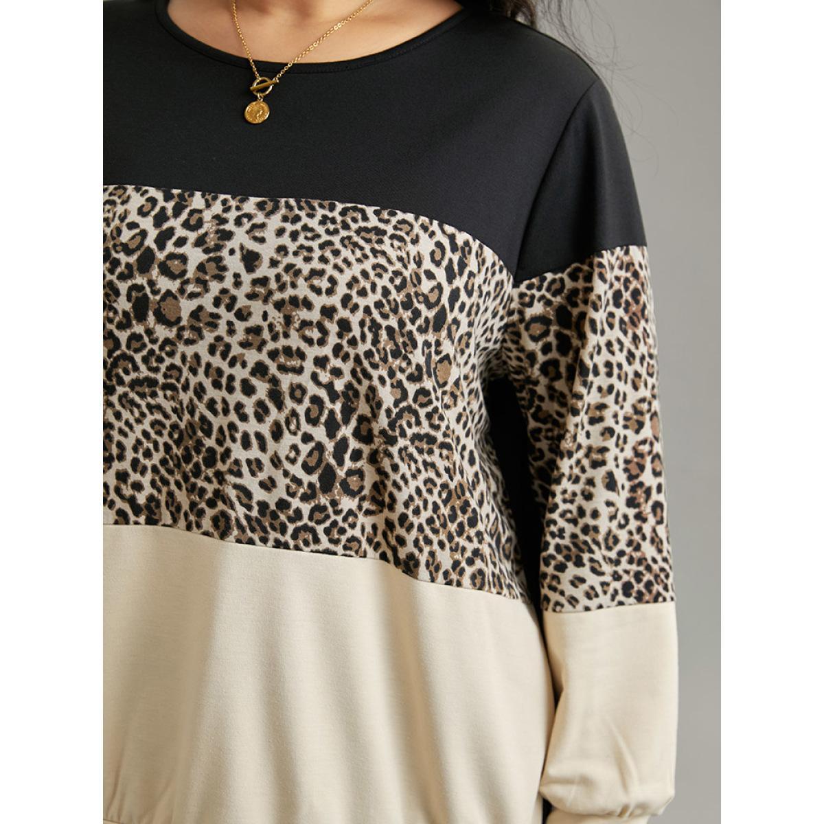 Plus Size Leopard Contrast Elastic Hem Sweatshirt Women Black Casual Contrast Round Neck Dailywear Sweatshirts BloomChic 14-16/1X Product Image