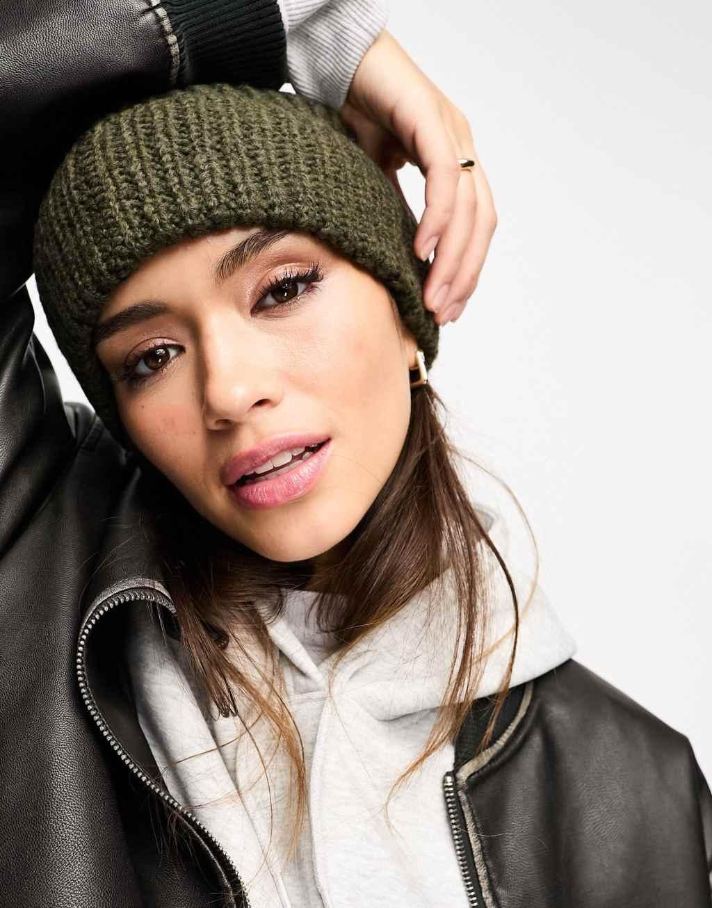 ASOS DESIGN chunky knit beanie in dark green Product Image