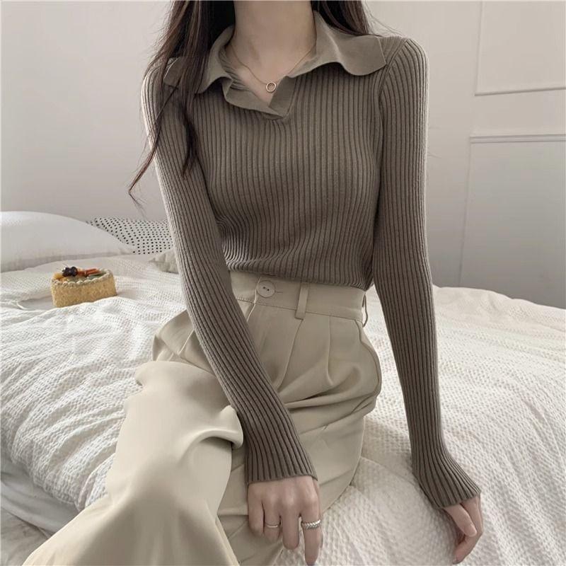 Long Sleeve Collared Plain Ribbed Knit Top Product Image