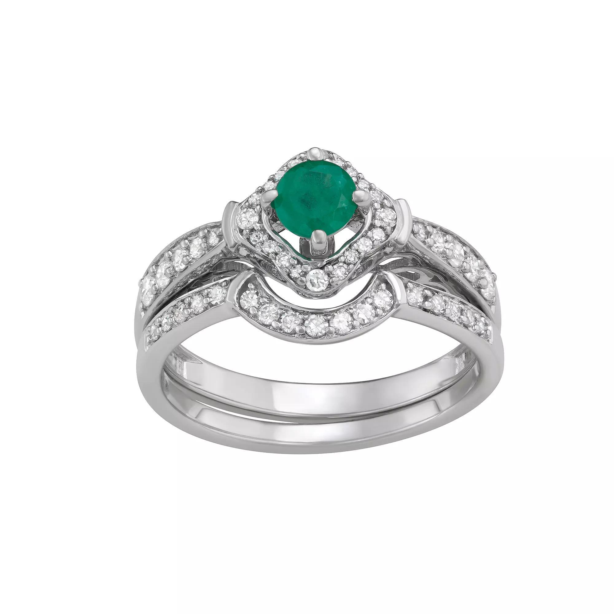 14k White Gold 1/2 Carat T.W. Diamond & Gemstone Halo Engagement Ring Set, Women's, Size: 6, Green Product Image
