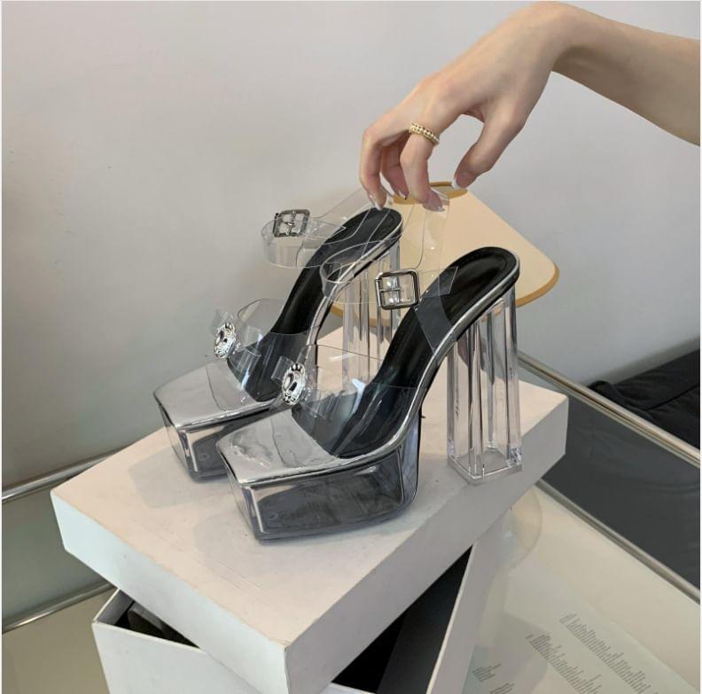 Square-Toe Platform Chunky Heel PVC Strap Sandals Product Image