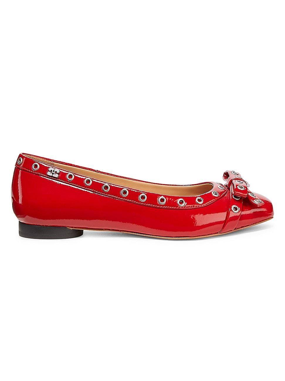 Womens Eyelets Bow Patent Leather Ballerina Flats Product Image