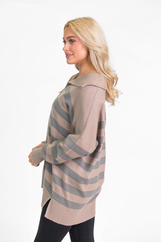 Pulling Heartstrings Taupe Striped Quarter Zip Pullover FINAL SALE Product Image
