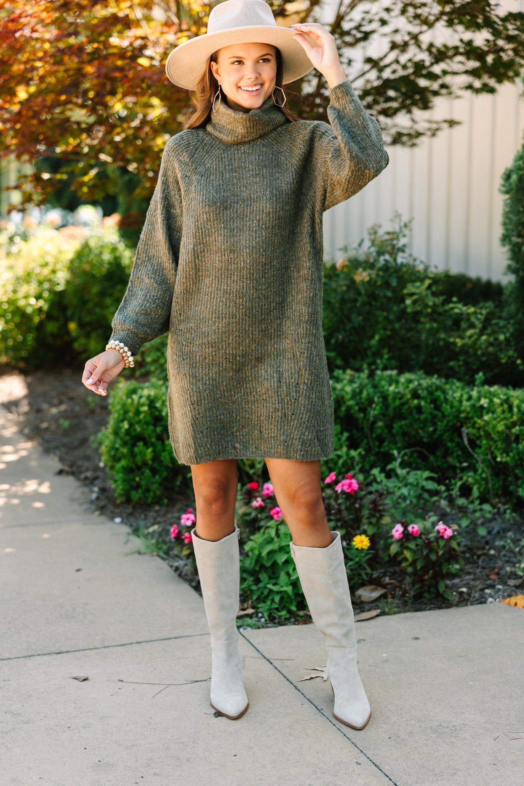Feeling It Sweater Olive Green Dress Female Product Image
