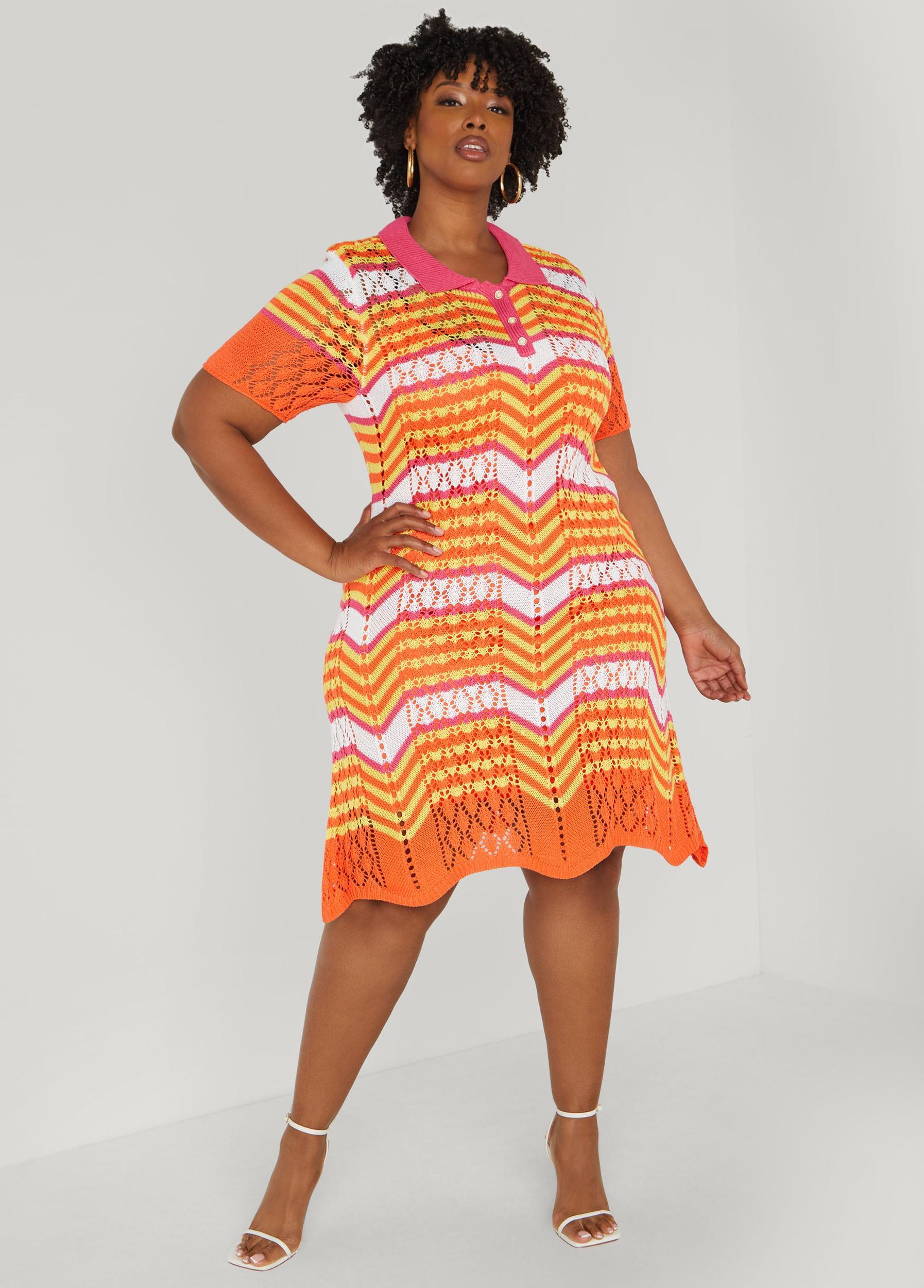 Plus Size Striped Pointelle Knit Polo Dress Ashley Stewart Product Image