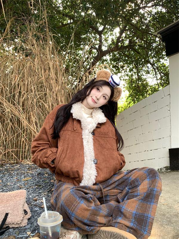 Stand Collar Fleece-Lined Button Aviator Jacket / Drawstring Waist Plaid Wide Leg Pants Product Image