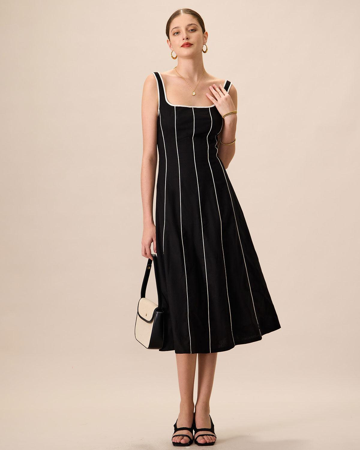 The Black Square Neck Contrast Midi Dress Product Image
