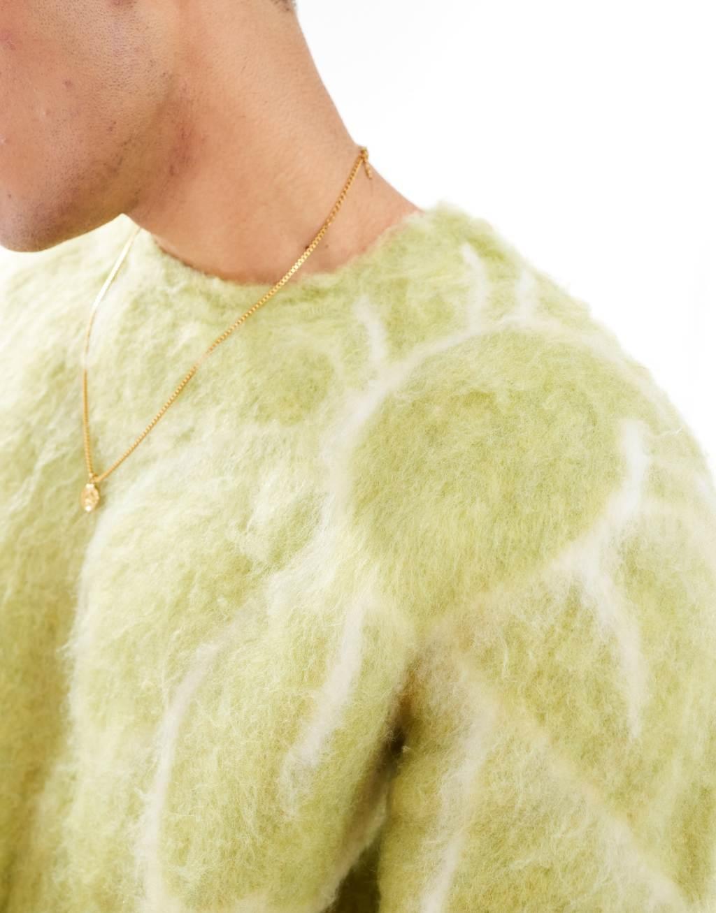 ASOS DESIGN fluffy knit sweater in green floral pattern Product Image