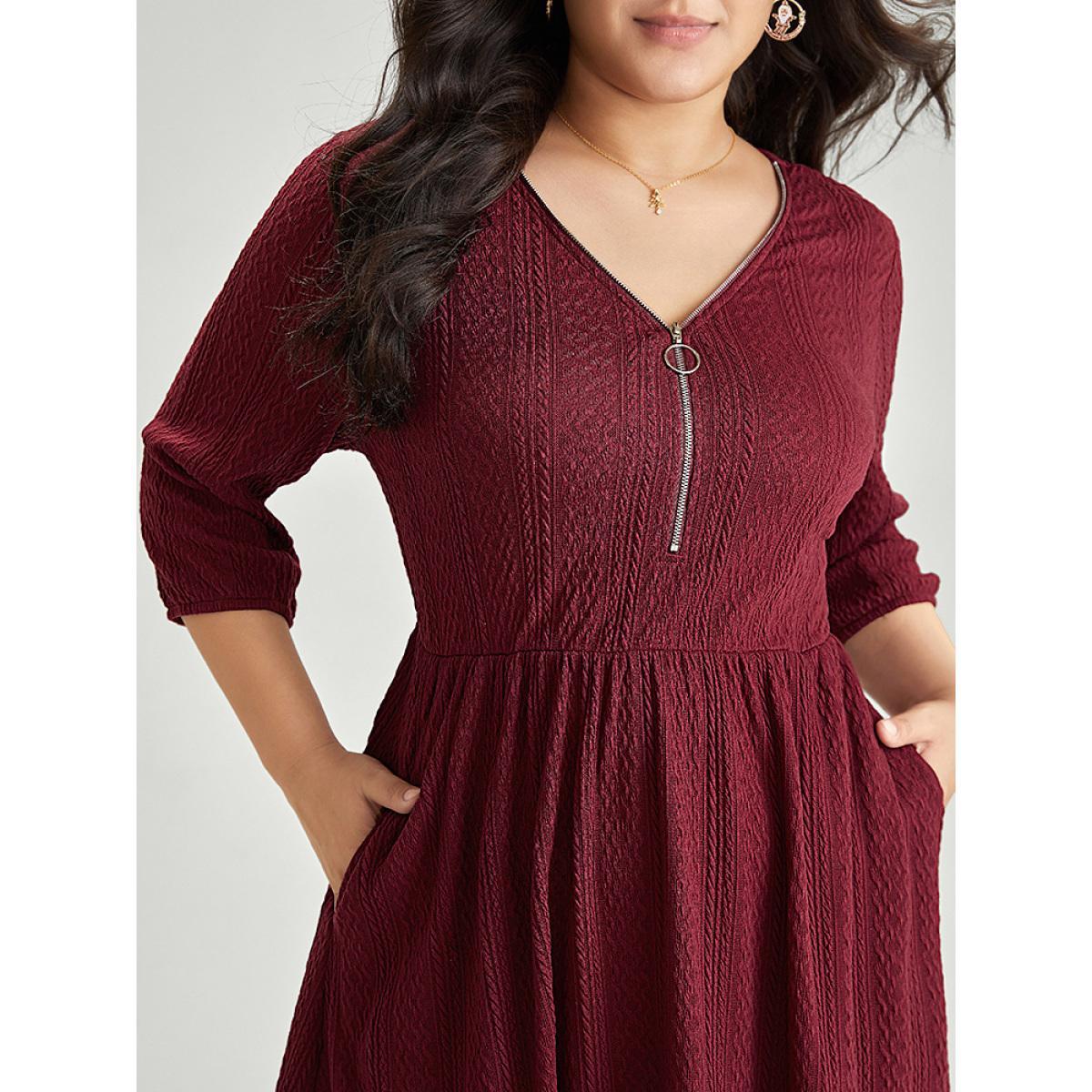 Plus Size Solid Half Zip Elastic Waist Lantern Sleeve Jacquard Dress Scarlet Women Casual Elastic cuffs V-neck Elbow-length sleeve Curvy Midi Dress BloomChic 28/5X Product Image