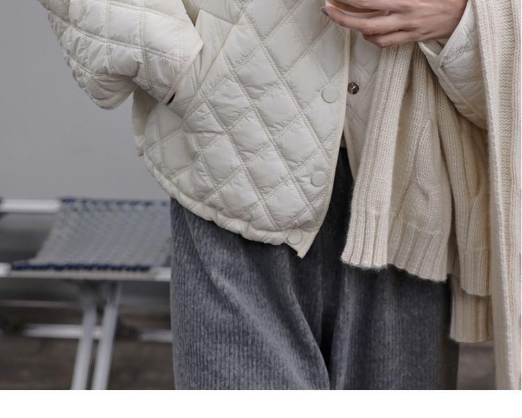 Crew Neck Plain Quilted Button-Up Crop Jacket Product Image