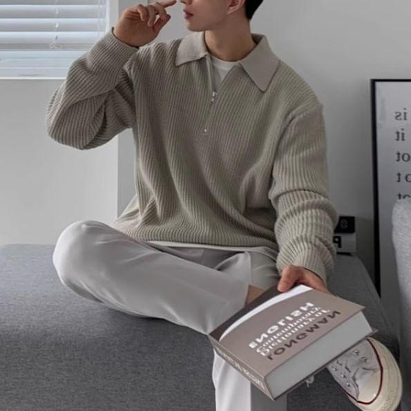 Half Zip Plain Polo Sweater Product Image