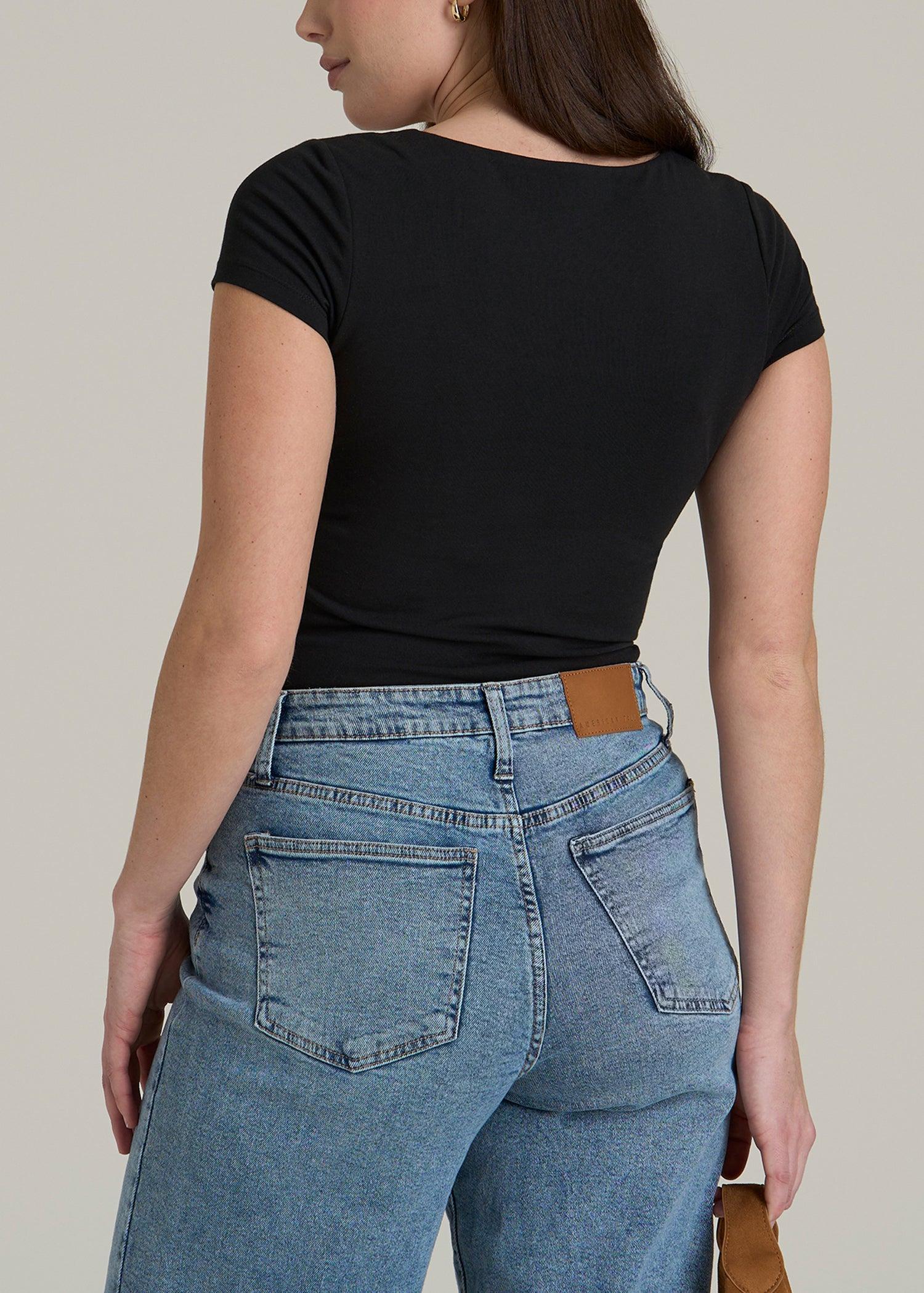 Cotton Blend Short Sleeve Squareneck Bodysuit for Tall Women in Black Product Image
