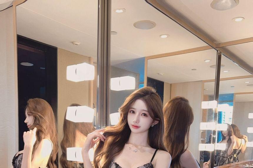 Spaghetti Strap Lace Overlay Mini A-Line Dress Product Image