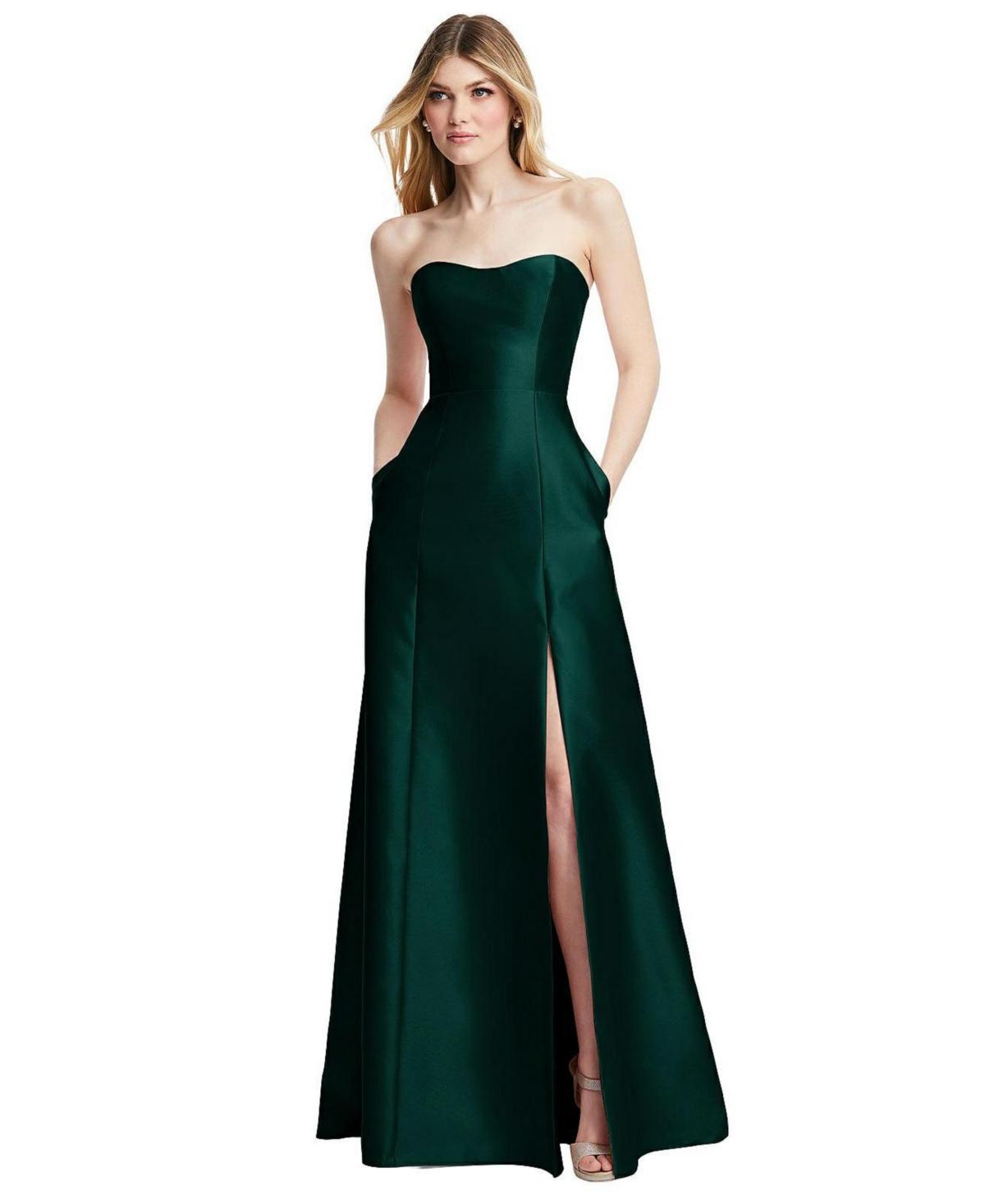 Womens Strapless A-line Satin Gown with Modern Bow Detail Product Image