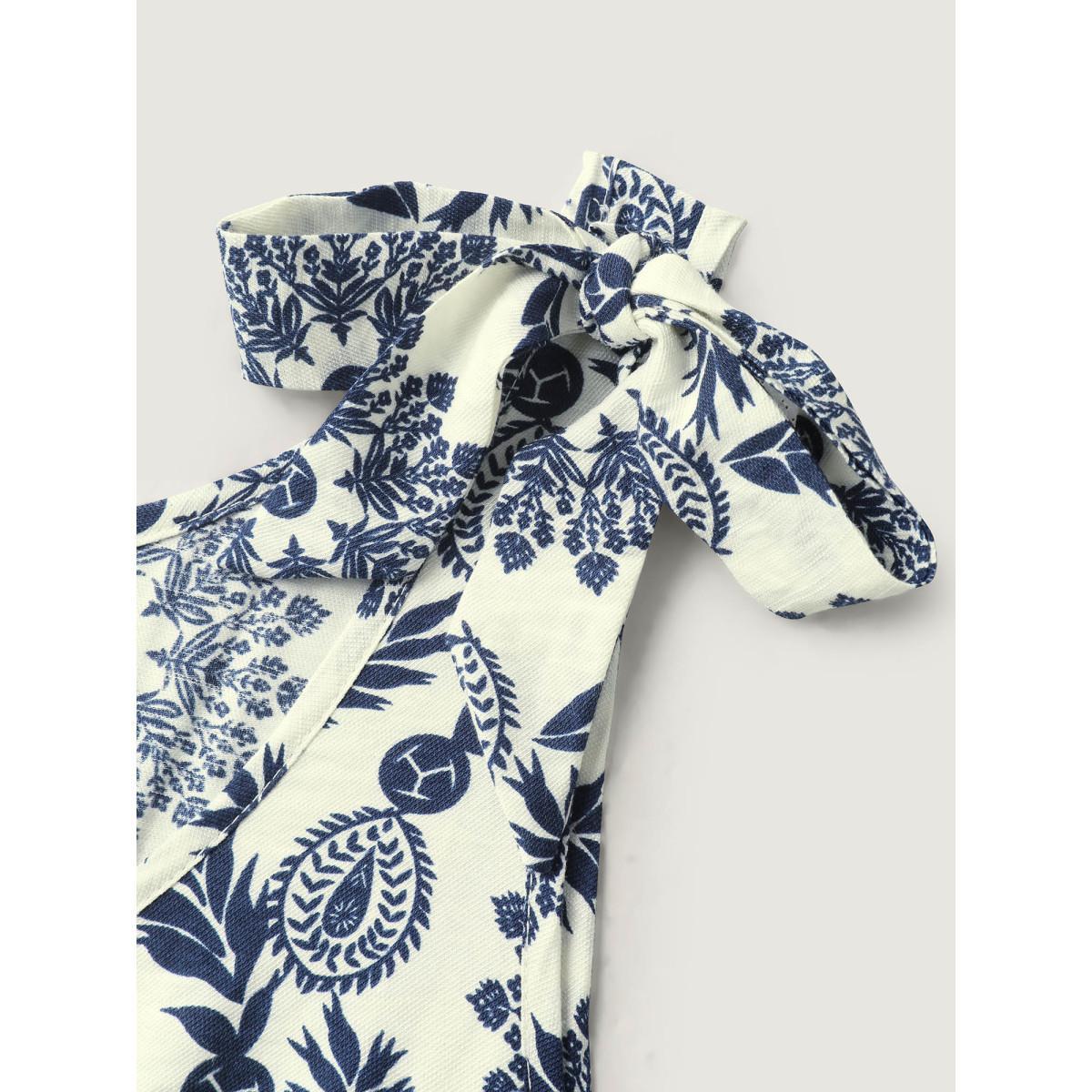 Plus Size Rayon Ornate Print Knotted Shoulder Dress WhiteSmoke Women Tie knot U-neck Sleeveless Curvy BloomChic 14-16/1X Product Image