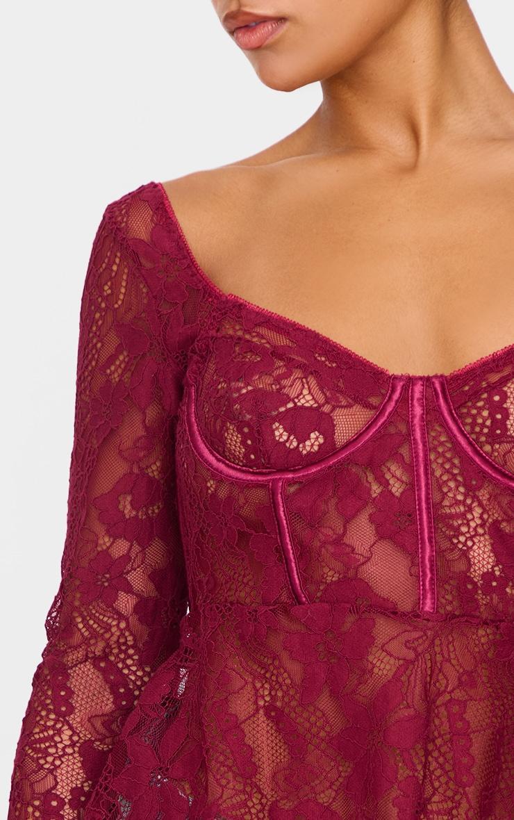 Burgundy Lace Boned Flared Long Sleeve Long Top Product Image