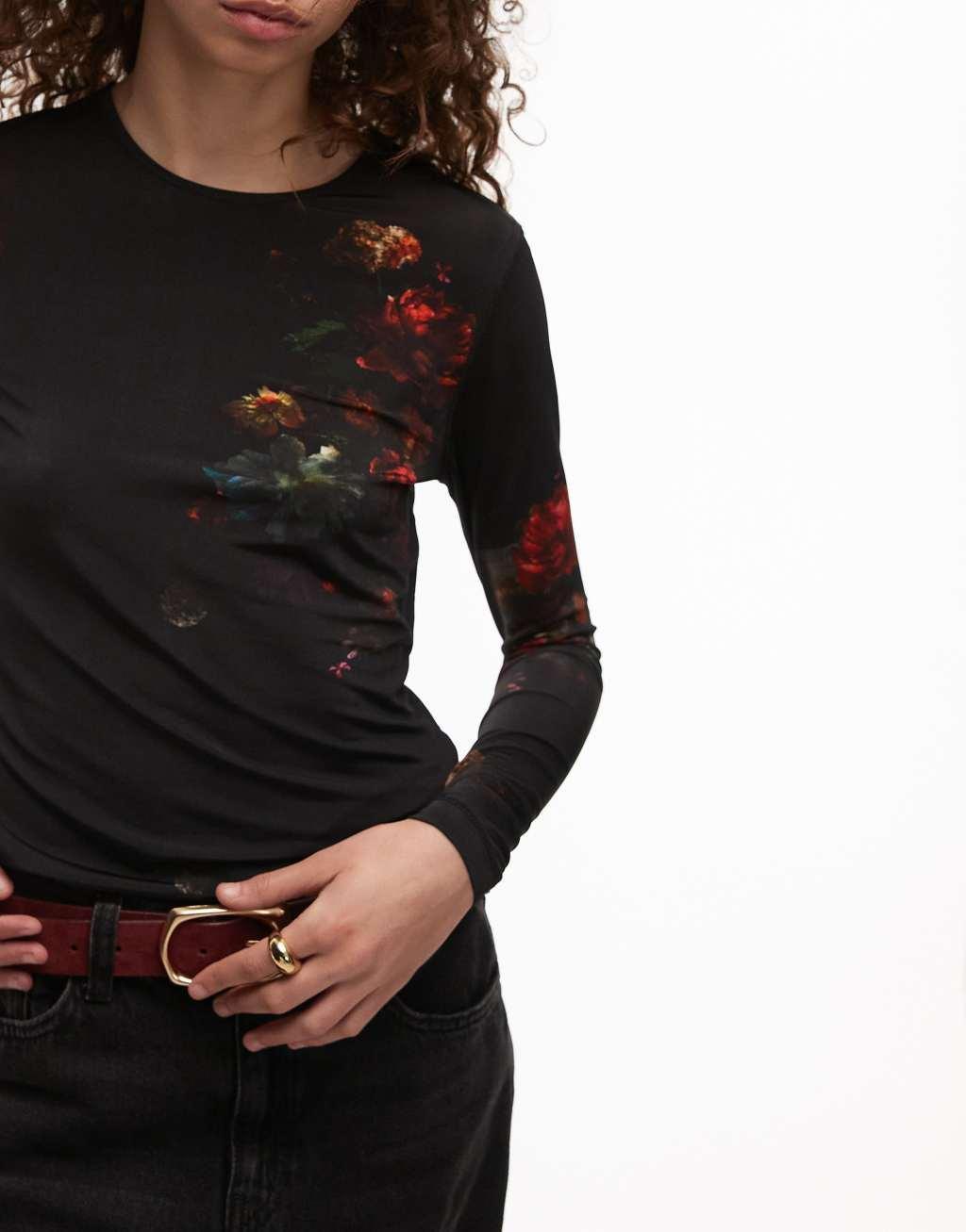 AllSaints Katlyn long sleeve mesh top in black floral Product Image