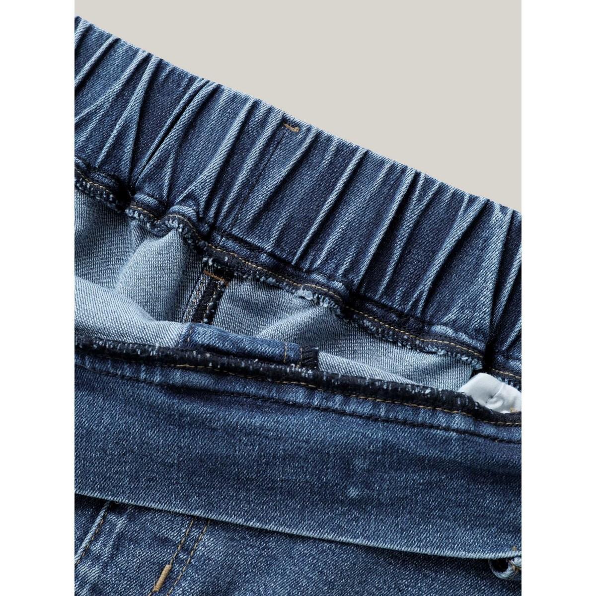 Plus Size Stretchy Waistband Pull-On Denim Skirt Women Darkindigo Everyday-Casual Medium stretch Medium Wash 24/3X Slanted pocket Casual Denim Skirts BloomChic Product Image