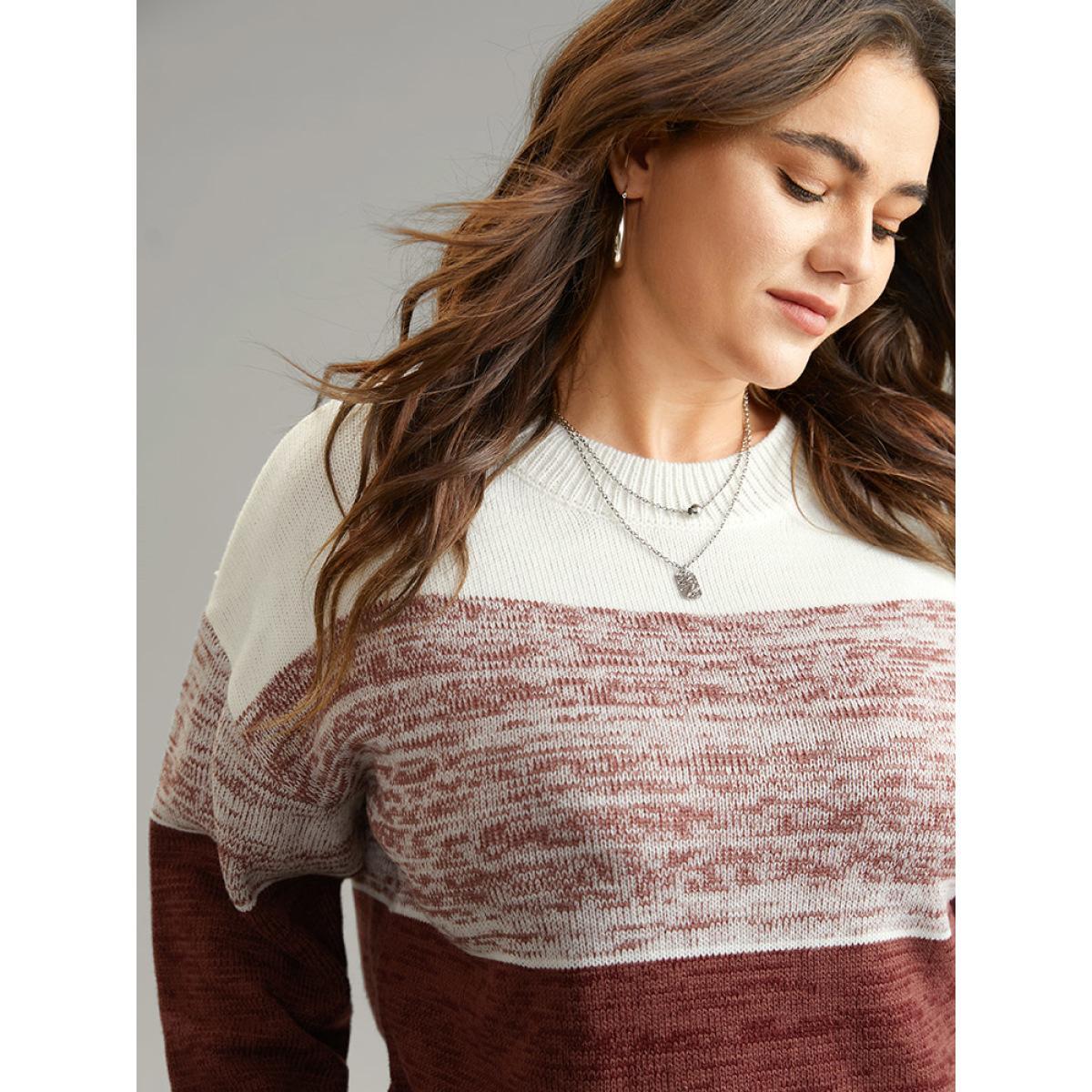 Plus Size Heather Colorblock Contrast Knit Pullover Russet Women Casual Loose Long Sleeve Round Neck Dailywear Pullovers BloomChic 26/4X Product Image