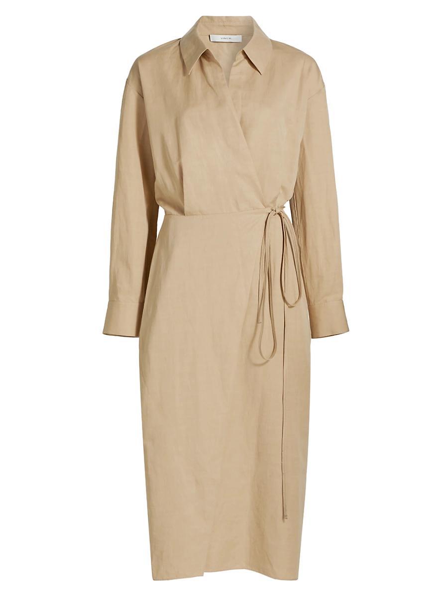 Womens Cotton-Linen-Blend Wrap Midi-Shirtdress Product Image