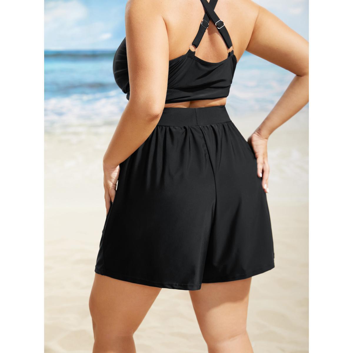 Plus Size High Rise Slanted Pocket Gathered Swim Bottom Women's Swimwear Black Beach Gathered High stretch Bodycon High Rise Slanted pocket Curve Swim Bottoms BloomChic 26/4X Product Image