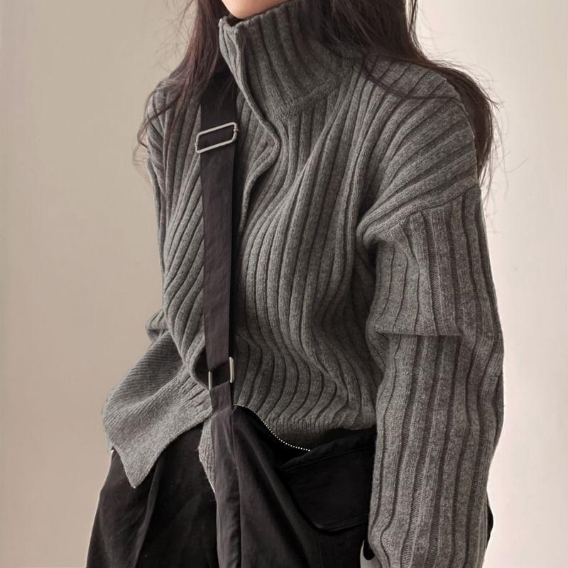 Stand Collar Plain Ribbed Cardigan Product Image