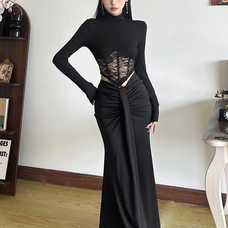 Long-Sleeve Mock Neck Plain Asymmetrical Lace Panel Cropped T-Shirt / Mid Waist Ruched Maxi Fishtail Skirt Product Image