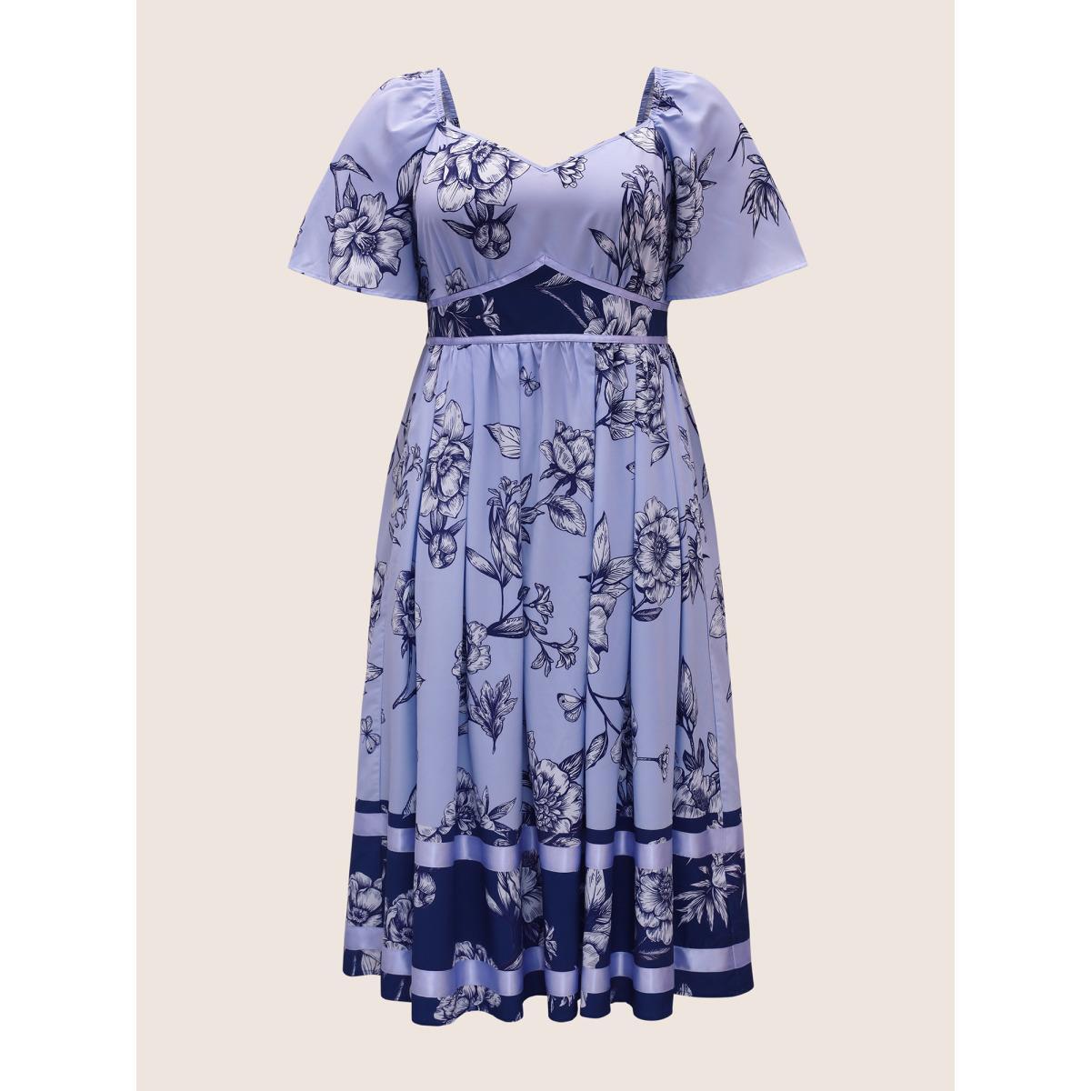 Plus Size Boho Print Heart Neckline Ruffle Sleeve Maxi Dress Mediumblue Women Elegant Woven ribbon&lace trim Square Neck Short sleeve Curvy BloomChic 26/4X Product Image